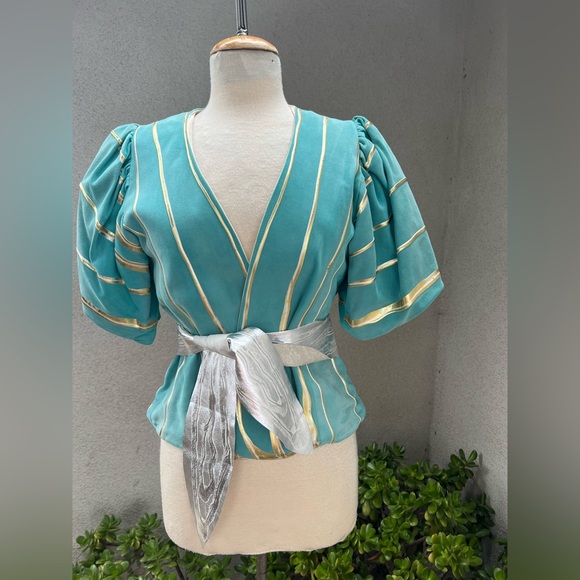 Vintage gorgeous teal suede gold silver painted jacket top belt XS Terry & Toni - Picture 11 of 13